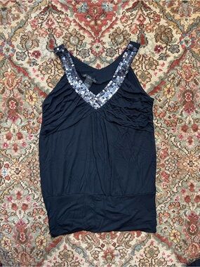 Design History Black Sleeveless Tank with Silver Sequin V-Neck